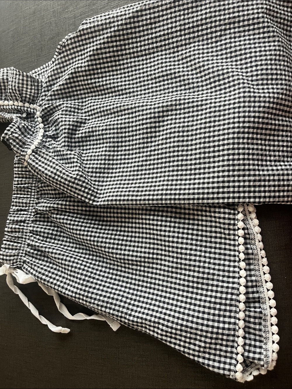 Black & White Gingham Women’s Peasant Top with Pom Trim